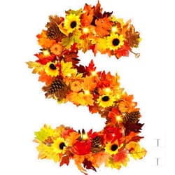 Waipfaru Fall Garland with Lights - 5.7 Ft/Piece Lighted Sunflower Autumn Leaves Garland with Berry Pumpkin Decoration, Fall Flower Garland for Wedding Outdoor Mantle Thanksgiving Decor (1Pcs)