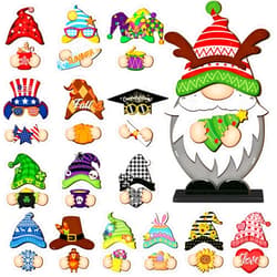 Blulu Halloween Interchangeable Wooden Gnome Decor DIY Holiday Christmas Seasonal Tiered Tray Decoration Gnomes with Magnet Pieces Welcome Sign for Christmas Holiday Decorations(Classic)