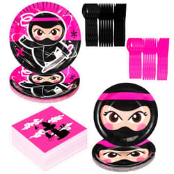 Gejoy 96 Pcs Ninja Birthday Party Supplies Decorations Tableware Kit Include Plates Knives Forks Spoons Napkins for Boy Girls Birthday Party Favors Serve 24 Guests(Girl Style)