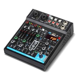 Depusheng M4 Portable Mini Mixer 4-Channel Audio Mixer DJ Console with Sound Card, Bluetooth Function, USB, 48V Phantom Power for PC Recording Webcast Party
