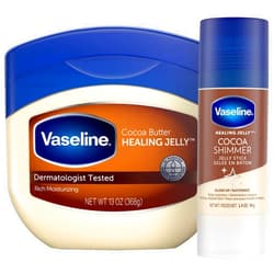 Vaseline Rich Moisturizing Healing Jelly Cocoa Butter, 13 oz Bundled with Cocoa Shimmer Stick, 1.4 oz. Provides Radiant and Shimmering Moisturized Skin with Pleasant Scent