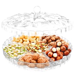 NDSWKR 12 Inch Snack Serving Tray with Lid, Plastic Divided Appetizer Tray 6 Compartments Round Food Tray for Dried Fruits, Candy, Nuts, Cookies, Treats