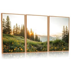 FWIEXA Mountain Canvas Wall Art Set, Framed Forest Nature Wall Decor, 3 Piece Landscape Paintings Artwork, 16x24 Inches Wildflower Pictures for Living Room, Bedroom, Office