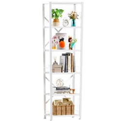 Furologee White Tall Bookshelf, Narrow Bookcase with 6 Shelves, Modern Freestanding Shelf Units, Metal and Wood Display Storage Corner Rack Organizer for Living Room, Home Office, Hallway, Bathroom