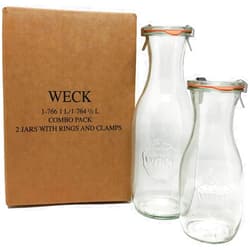 Weck Juice Jar Combo Pack - (1) 766 1-Liter jar (1) 764 1/2-Liter jar with Glass Lids, Rubber Rings and Steel Clamps