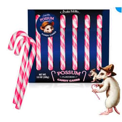 Accoutrements Archie McPhee Possum Flavored Pink & Gray Striped Candy Canes - Stocking Stuffers - Christmas Candy Canes - Gift Box of 6 pieces Fun Novelty Candy Canes
