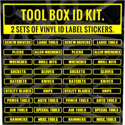 Valiant Collections Valiant Collection | Tool Box Label Sticker - Tool Box Sticker for Machine Organizer - Tool Box Vinyl decal - Waterproof Perfect for Wall, Metal, Windows, Hard Surfaces - (Black & Yellow) - VC-417