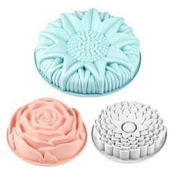Sakolla 3 Pack Flower Silicone Mold - Large Round Chrysanthemum Rose Sunflower Shapes Non-Stick Bread Pan molds for Making Birthday Cakes, Breads, Pies, and Tarts