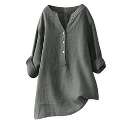 DASAYO Womens Tunic Tops Summer Casual Linen Long Sleeve Notch V-Neck Half Button Shirts Loose Fit Solid Color Blouses Trendy