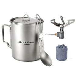 Odoland Titanium Camping Cookware 750ML Titanium Pot with Camping Stove and Spork Portable Camping Pot for Backpacking Hiking Traveling and Picnic
