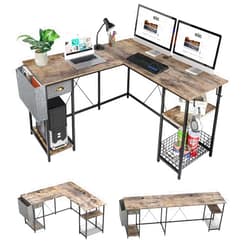 X-cosrack 2 Person Desk Large L-Shaped Computer Desk with Storage Shelves Drawer, Home Office Writing Corner Desk, Long Desk PC Laptop Workstation with Hooks Storage Bag Cable Hole