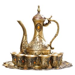 Igtazy Vintage Turkish Coffee Pot Set for 6 Including Tray and Teapot,Metal Cups,Teapot and Cup Set for One,Tea Service Set for Home Tea Table Decor,Wedding Ornaments