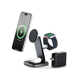Satechi 3 in 1 Wireless Charging Station, Qi2 15W Magnetic, Foldable Travel Charger Station for iPhone 16/15/14/13/12, Apple Watch Series 8/7/SE/6/5/Ultra and AirPods Pro/3/2