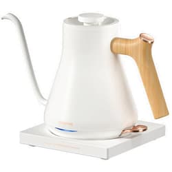 Intasting Electric Gooseneck Kettle for Brewing Coffee and Steeping Tea with 304 Stainless Steel Inner, Quick Heating, Matte White with Light Brown Wood Handle, 0.9L/30oz