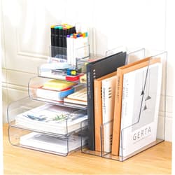 CiWiVOKi Desk Organizer with 2 Vertical File Holder, 4 Tier Stackable Paper Letter Tray File Organizer with 5-Compartments Pen Holder, Clear Desktop Organizer Office Organization and Storage