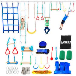 FAHKNS Ninja Warrior Obstacle Course for Kids, 65 FT Durable Slackline with 14 Obstacles-Swings, Monkey Bars, Arm Trainers and More, Weatherproof Outdoor Obstacle Course for Backyard,3+ Years Old