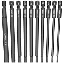 TLEEP 10 x Long 100MM 1/4 Inch Hex Head Allen Wrench Drill Bits, 5/16” to 5/64”, SAE, Magnetic Tips Screwdriver Socket Bit Set for Ikea Type Furniture (S2 Steel 5/16 inch to 5/64 inch)