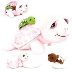 MorisMos Sea Turtle Stuffed Animal with Babies,14 in Mommy Turtle with 3 Baby Turtles Plush, 2 Eggs Plushies Inside Belly Pouch,Big-Eyed Turtle Toys for Toddlers Kids,Pink Turtle Gifts for Girls Boys