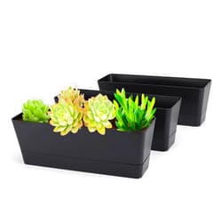 GREANER Black Rectangle Window Boxes, 3 Pack 12x3.8 Inch Herb Planters with Tray, Indoor Succulent Cactus Mint Plastic Pot for Windowsill, Garden Balcony, Office Outdoor Decoration