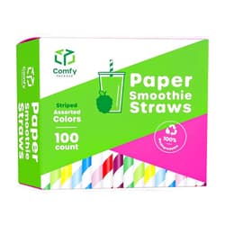 Comfy Package [100 Pack] Jumbo Striped Paper Smoothie Straws, 100% Biodegradable Paper Boba Straws, Disposable Milkshake Straws - Assorted Colors