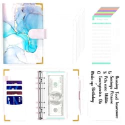 Rnivvi Budget Binder with Zipper Envelopes, A6 Money Saving Binder Cash Envelopes for Budgeting, PU Leather Planner Money Organizer for Cash Bills, Cute Marble System Wallet for Women Men, Blue Ink