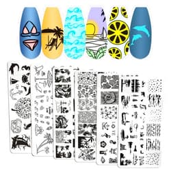 WOKOTO 6Pcs Beach Nail Stamping Kit Seaside Holiday Nail Stamping Plates For Nails Summer Nail Art Stamps Plates Palm Tree Boat Fish Flower Nail Stamp Plates For Nails Designs Stamps For Nail Art
