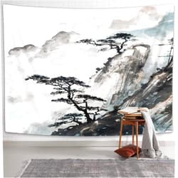 Coveimes Asian Tapestry Scenic Artwork Tapestries Wall Art Decor, Chinese Abstract Art Black Mountain and Pine Tree Ink Painting Tapestry Wall Hanging for Bedroom Living Room Dorm Home