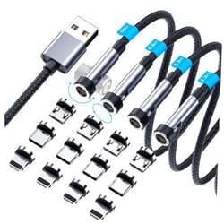 Ankndo 540° Rotation Magnetic Charging Cable, 3 in 1 Magnetic Phone Charger [4-Pack, 3ft/3ft/6ft/10ft] 3A Fast Charging Cable Support Data Transfer USB Magnet Charger Cable for i-P/Micro USB/Type C Device