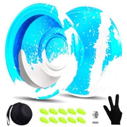 Hksod Yoyo Responsive Professional Yoyos for Kids Beginners Metal Trick Yoyo, Unresponsive Yo-yo for Adults with Bearing Kit, 10 Yo-Yo Strings, Case and Glove - Blue Silver