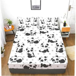 URLINENS Cute Panda Fitted Sheet and Pillowcase Queen Size 3 Piece, Polka Dot Lovely Panda Sheet Set for Kids Boys Girls Teens, Soft Microfiber Cartoon Animal Fun Bedding Decor Kids Bed Sheet