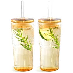 Puraville 2 Pack 20oz Glass Cups with Lids and Straws, Mason Jar High Borosilicate Drinking Glasses Iced Coffee Tumbler Smoothie Cup for Long Drinks, Amber