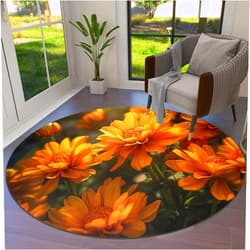LIFEMUSION Sunflower Round Area Rugs, Yellow Spring Floral Summer Botanical Non-Skid Children Playing Mat, 3ft Soft Circle Farmhouse Rugs for Living Room, Bedroom, Dining Room