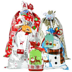Yavzevlqi 55 Pcs Christmas Gift Bags,Delicate Drawstring Gift Bags Assorted Sizes,Christmas Bags with Tags,Christmas Foil Gift Wrapping Bags for Present Wrapping,Holiday Party(5 Patterns)