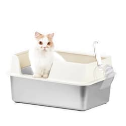Medario Stainless Steel Cat Litter Box with Scoop, Large Litter Box with High Sided Walls, Durable Metal Kitty Litter Box with Enclosure, Odorless, No Leakage, Easy to Clean (White)