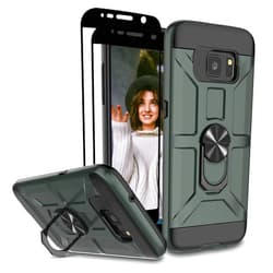 Jeylly Samsung Galaxy S7 Case with Tempered Glass Screen Protector 2 Pack and Rotatable Metal Ring Kickstand, Hybrid Hard PC Soft TPU Bumper Shockproof Rugged Cover for Galaxy S7 2016, Midnight Green