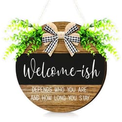Jetec Welcome Sign Welcome-ish Front Door Sign Funny Wreaths Hanging Wooden Plaque Decoration Round Rustic Wood Farmhouse Porch Decor for Home Front Door Decor, 12 x 12 Inch (Retro Style)