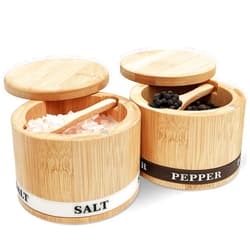 ThougrLyh Bamboo Salt and Pepper Bowls 2 Holder Salt Cellar with Lid and Spoon Spice Box Magnetic Swivel Lid Container Dual 13oz Capacity