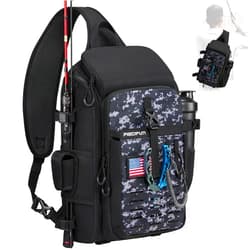 Piscifun Fishing Sling Tackle Bag with Rod & Gear Holder, Lightweight Sling Tackle Storage Bag with Protective Rain Cover, Outdoor Fishing Gear, Black & Camouflage