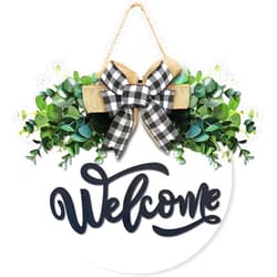 Oscenlife Welcome Sign for Front Door, Front Door Decor for Farmhouse Porch, Rustic Welcome Wreaths with Stapled Greenery, Round Wooden Hanging Sign Housewarming Gift for Home Outdoor Indoor (White)