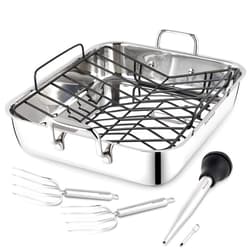 Rorence Roasting Pan with Rack: 16-Inch Stainless Steel Rectangular Turkey Roaster pan with Nonstick V-Shaped Rack for Thanksgiving Christmas – Set of 5