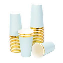 Geeklife 16 oz Light Blue Disposable Gold Paper Coffee Cups,Beverage Drinking Cups with Gold Foil Border,30 pcs Party Paper Cups for Birthday Party,Anniversary,Baby Shower, and Events