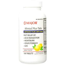 MAJOR Mintox Plus Antacid Anti-Gas Generic for Maalox Plus Chewable Tablets Lemon Flavor 100 Tablets Per Bottle For For Fast Relief of Acid Indigestion Heartburn Sour Stomach Gas and Bloating