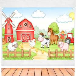 Celchvens Farm Animal Birthday Backdrop 7x5ft, Red Barnyard Theme Party Banner with Cow Pig Horse Chicken Sign for Boys Girls Baby Shower, Farm Animal Birthday Decorations Photo Booth Background