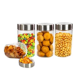 PEARLPET Transparent Plus Jar Container for Kitchen Storage Set with Stainless Steel Matt Finish Cap, 1400 ML Set of 4 Pieces