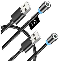 Terasako Magnetic Charging Cable (Not Including Magnetic Connector) [2-Pack, 1ft ], 360° Rotating Magnetic Phone Charger Cable with LED Light - Nylon-Braided Cords (Black)