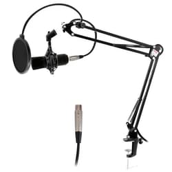 Pyle Suspension Boom Mic Stand with Shock Mount – Adjustable Desktop Mic Stand Boom Arm with Clamp, XLR Cable, Mic Clips – Heavy-Duty Microphone Stand for Podcast, Studio, Streaming, Broadcasting