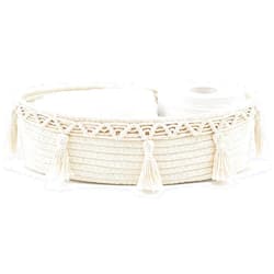 Mkono Small Boho Decor Basket for Bathroom Macrame Cotton Rope Woven Toilet Tank Top Storage Back of Toilet Organizer Tray for Counter Shelf Table Bedroom Living Room Nursery, Ivory, 1 Pack