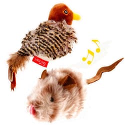 Gigwi Automatic Cat Toys Pack, Interactive Cat Toys Electronic Squeaky Animals Bird and Mouse, Plush Toys for Cats to Play Alone, Play and Squeak Cat Toys for Indoor Cats Boredom, 2 Pcs