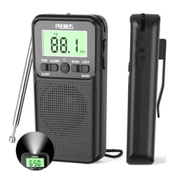 PRUNUS J-128 Pocket AM FM Radio Portable with Battery Operated Radio by 2 AA,Automatic Station,Headphone Jack,Back Clip,Flashlight,Large Screen,Lock Key Walkman Radio, Alarm/Sleep Timer,Digital Radio