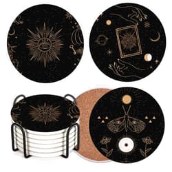 Britimes Table Coaster for Drinks Set of 6, Cute Black Mystical Skulls Animals Magic Coffee Absorbent Round Ceramic Stone Mat, with Cork Base and Metal Holder, Gift for Housewarming Room Bar Decor